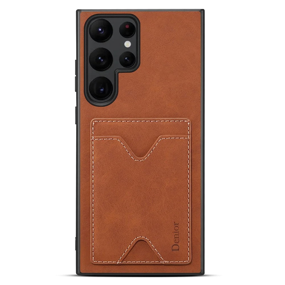 DENIOR For Samsung Galaxy S24 Ultra Case Leather+TPU Phone Kickstand Cover with Card Holder - Brown - 6