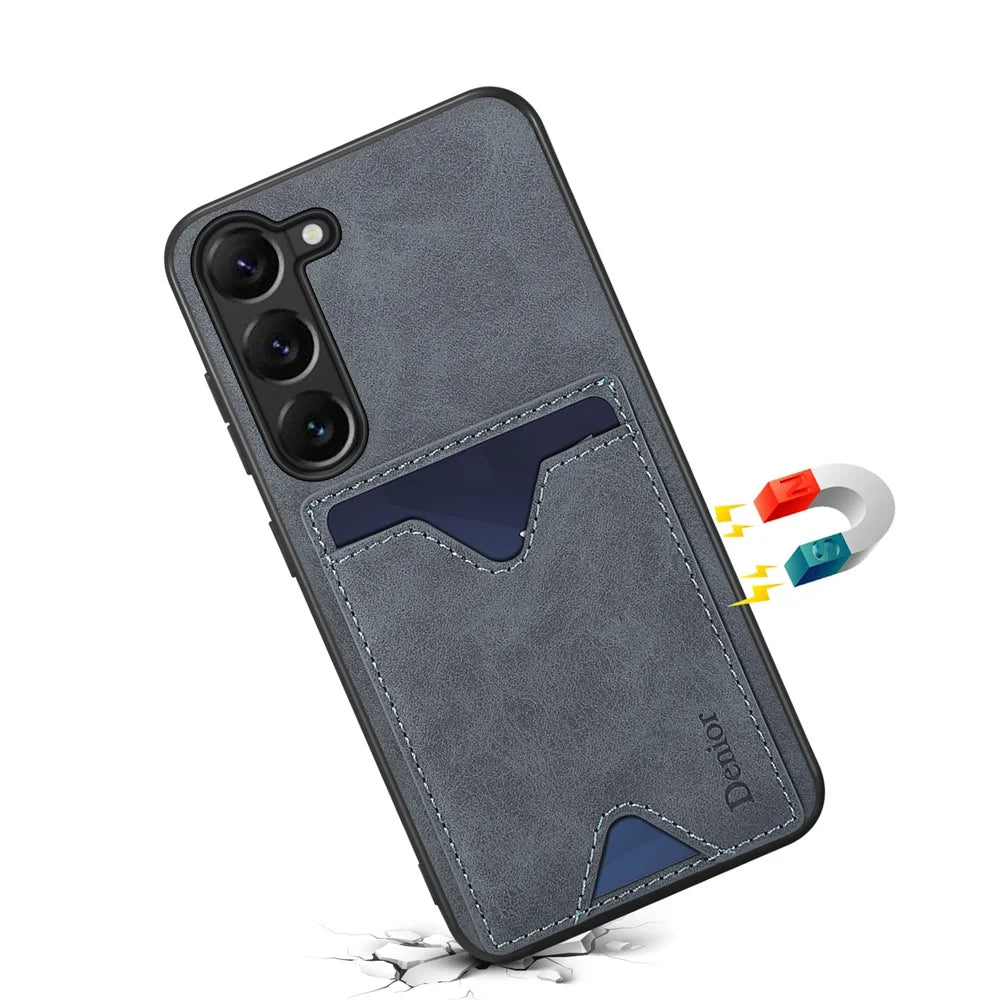 DENIOR For Samsung Galaxy S24 Celll Phone Case Card Holder Kickstand Back Cover - Grey - 3