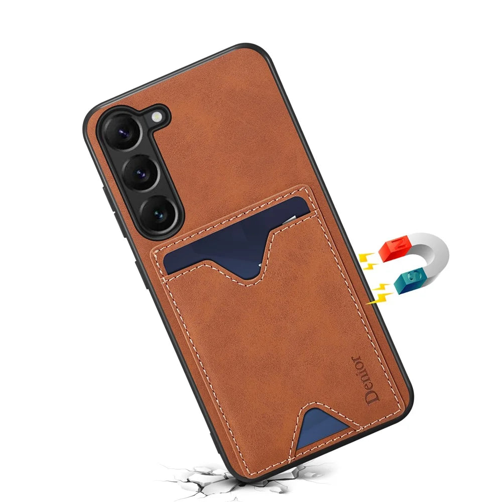 DENIOR For Samsung Galaxy S24+ Case Shockproof Leather+TPU Phone Cover with Card Slot - Brown - 2