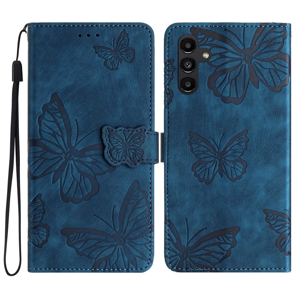 For Samsung Galaxy A35 5G Flip Phone Case PU Leather Butterflies Wallet Cover - Blue - 1