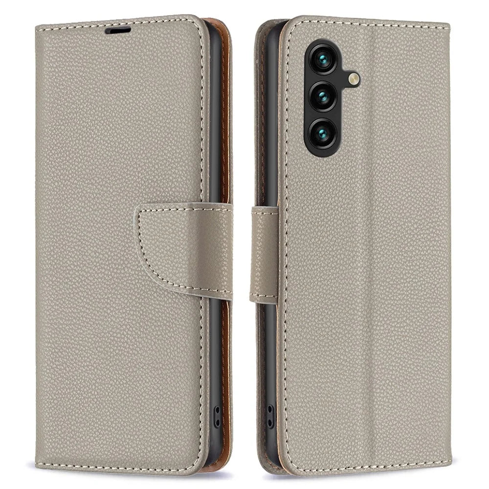 For Samsung Galaxy A35 5G Wallet Case with Wrist Strap Litchi Texture Leather Phone Stand Cover - Grey - 1