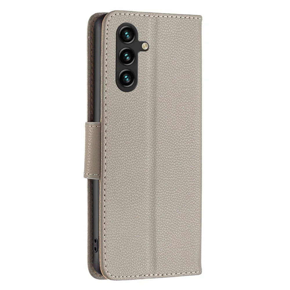 For Samsung Galaxy A35 5G Wallet Case with Wrist Strap Litchi Texture Leather Phone Stand Cover - Grey - 5