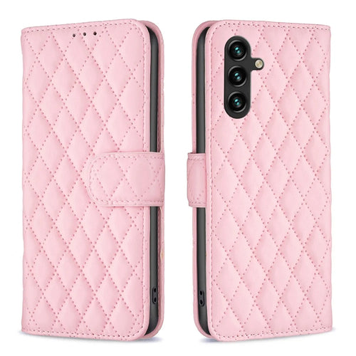 BINFEN COLOR BF Style-14 For Samsung Galaxy A35 5G Phone Case Rhombus Grid Leather Cover - Pink - 1