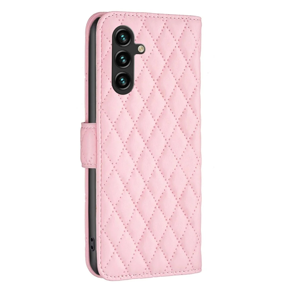 BINFEN COLOR BF Style-14 For Samsung Galaxy A35 5G Phone Case Rhombus Grid Leather Cover - Pink - 5