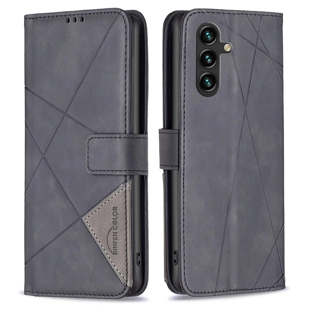BINFEN COLOR For Samsung Galaxy A35 5G Phone Cases Wallet Stand Geometry Imprint Leather Cover - Black - 1