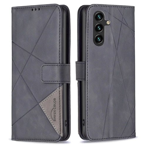 BINFEN COLOR For Samsung Galaxy A35 5G Phone Cases Wallet Stand Geometry Imprint Leather Cover - Black - 1