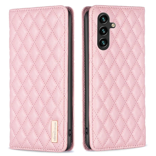 BINFEN COLOR BF Style-16 For Samsung Galaxy A35 5G Case Stand Phone Cover with Card Holder - Pink - 1