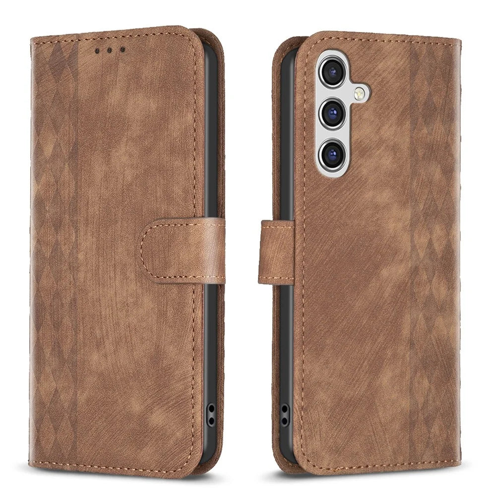For Samsung Galaxy A35 5G Case Imprinted Grid Wallet Leather Cover - Brown - 1