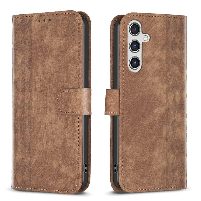 For Samsung Galaxy A35 5G Case Imprinted Grid Wallet Leather Cover - Brown - 1
