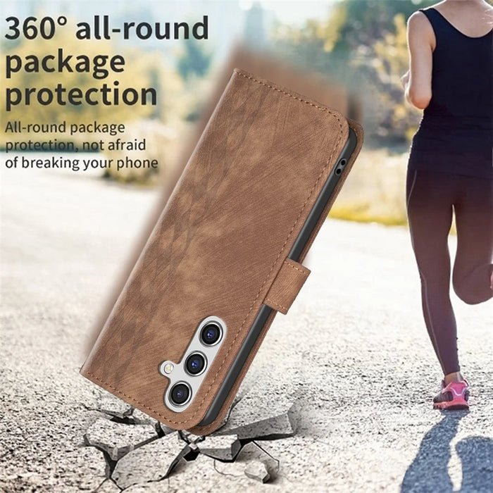 For Samsung Galaxy A35 5G Case Imprinted Grid Wallet Leather Cover - Brown - 5
