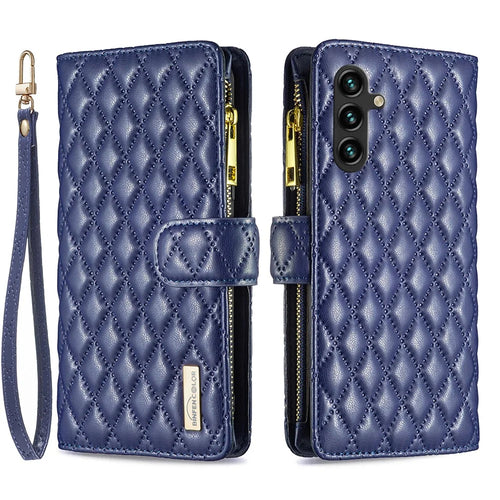 BINFEN COLOR BF Style-15 For Samsung Galaxy A35 5G Case Zipper Pocket Phone Stand Cover - Blue - 1