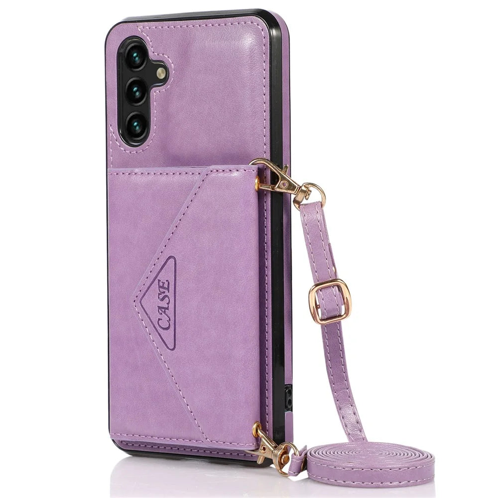 For Samsung Galaxy S24+ Case PU Leather Coated TPU Kickstand Phone Cover with Shoulder Strap - Purple - 1