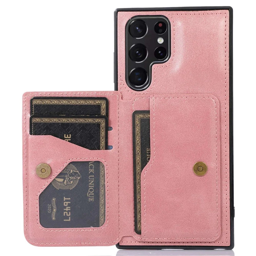 For Samsung Galaxy S24 Ultra Case Card Holder Kickstand PU Leather+TPU Phone Cover - Rose Gold - 1