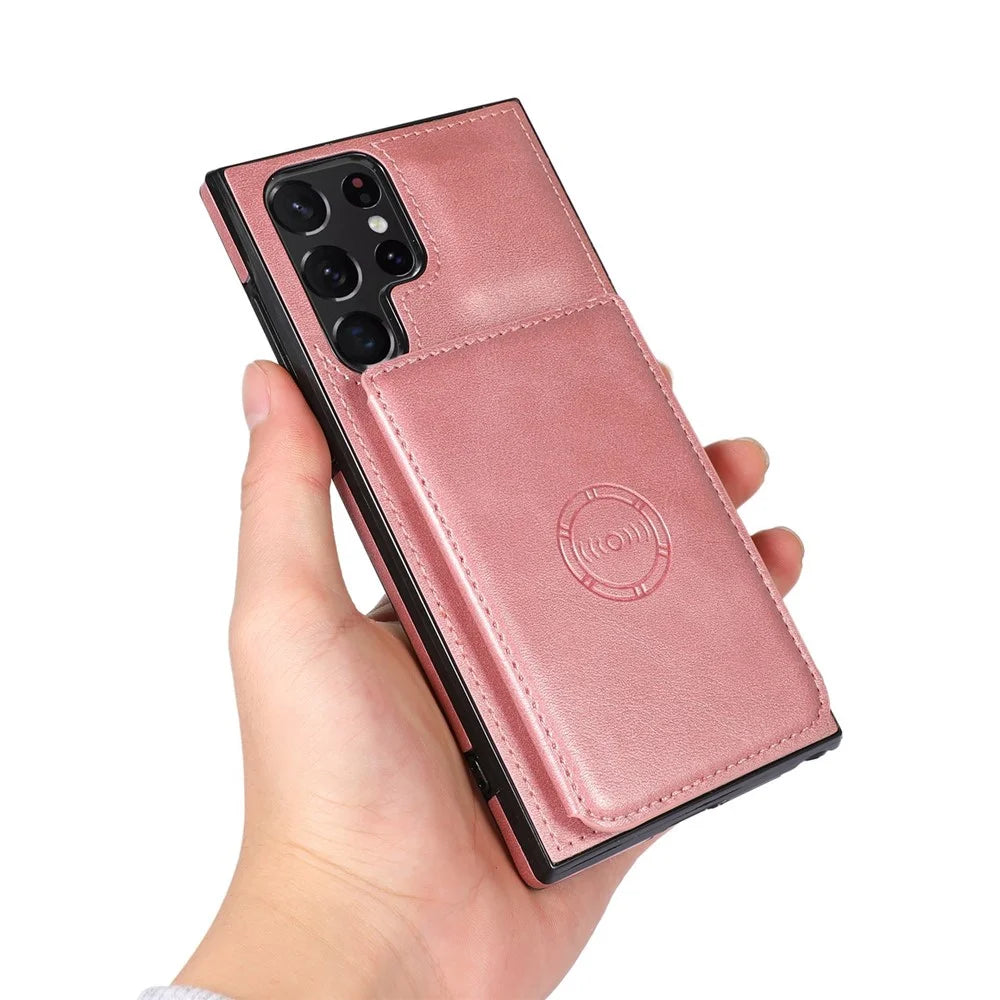 For Samsung Galaxy S24 Ultra Case Card Holder Kickstand PU Leather+TPU Phone Cover - Rose Gold - 6
