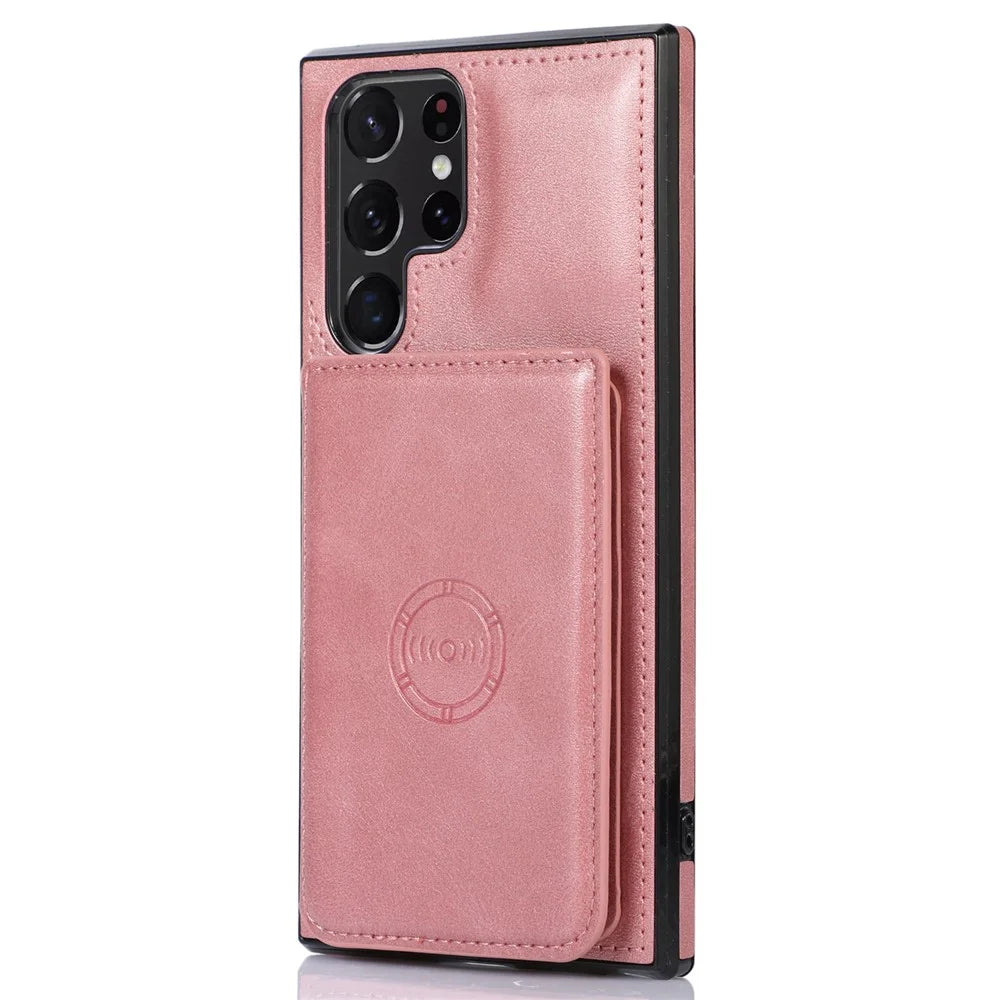 For Samsung Galaxy S24 Ultra Case Card Holder Kickstand PU Leather+TPU Phone Cover - Rose Gold - 7