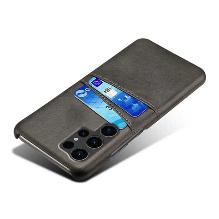 For Samsung Galaxy S24 Ultra Phone Back Protector PU+Hard PC Case with Dual Card Slots - Black - 3