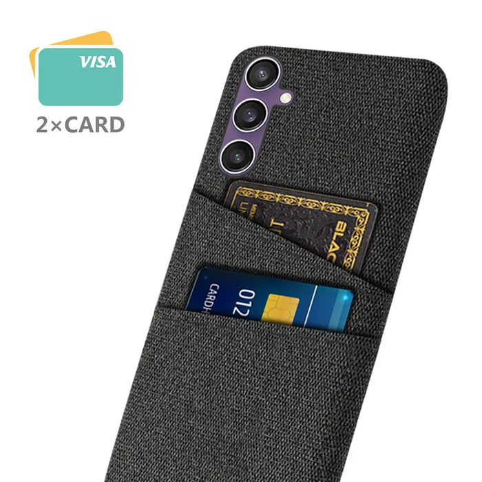 For Samsung Galaxy S24 Case Anti-Scratch Phone Cover PC+Cloth Shell with 2 Card Slots - Black - 2