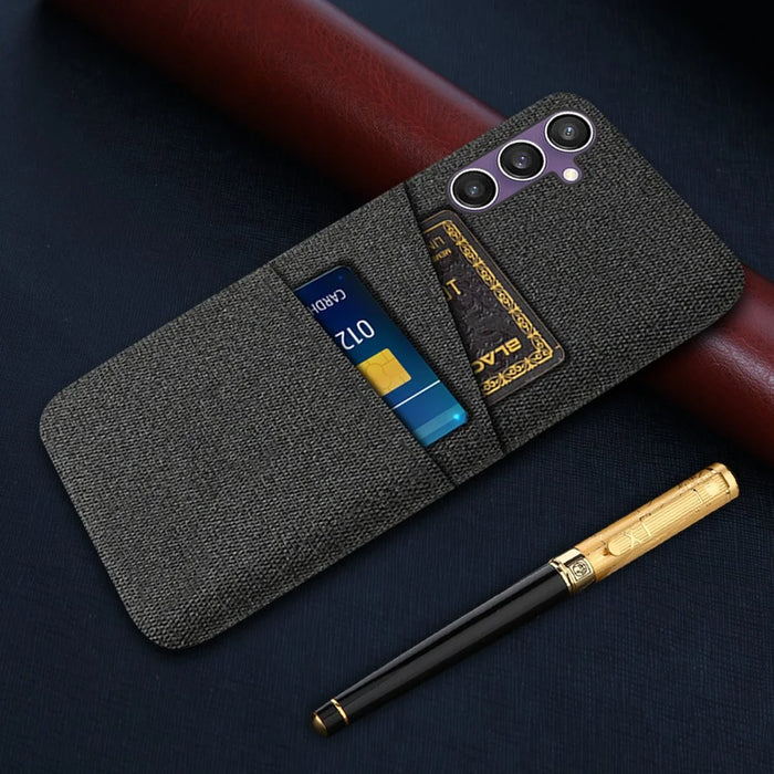 For Samsung Galaxy S24 Case Anti-Scratch Phone Cover PC+Cloth Shell with 2 Card Slots - Black - 5