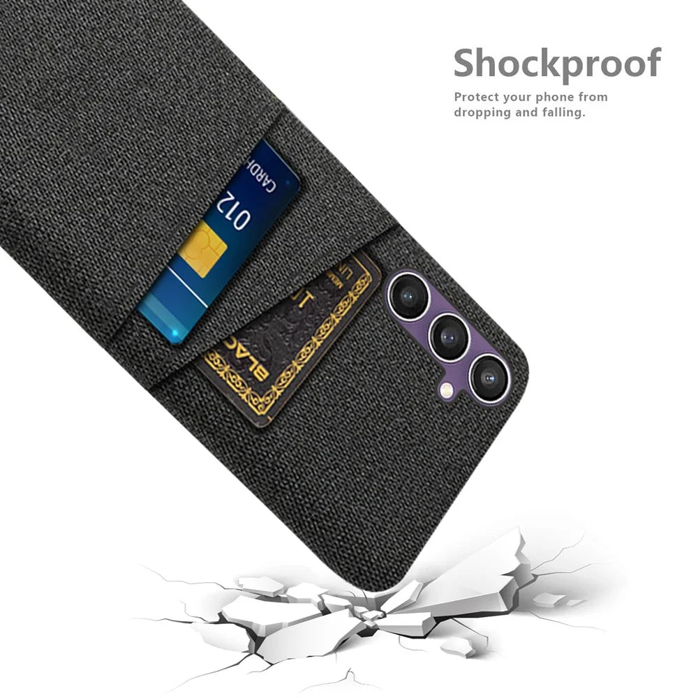 For Samsung Galaxy S24+ Cover Slim-Fit PC+Cloth Phone Case with Dual Card Slots - Black - 4