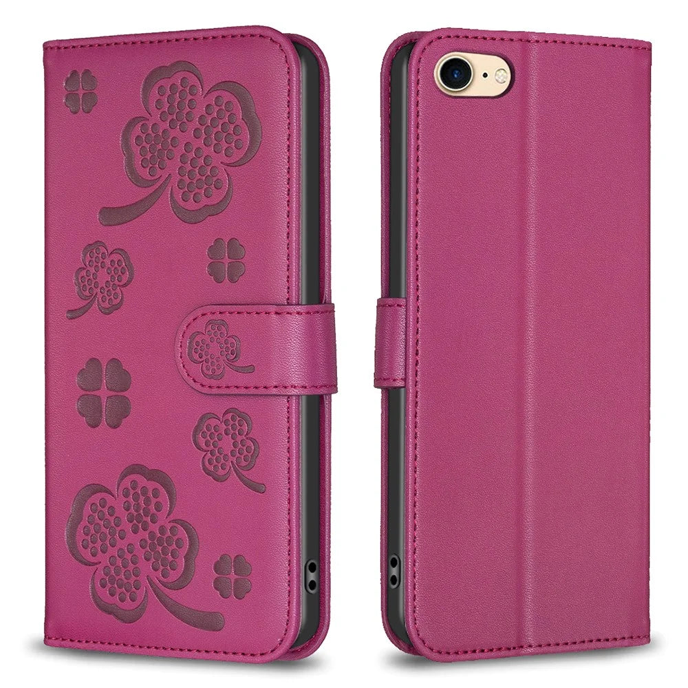 For iPhone 6 / 6s / 7 / 8 / SE (2020) / SE (2022) Phone Case PU Leather Clover Imprinted Wallet Cover - Rose - 1