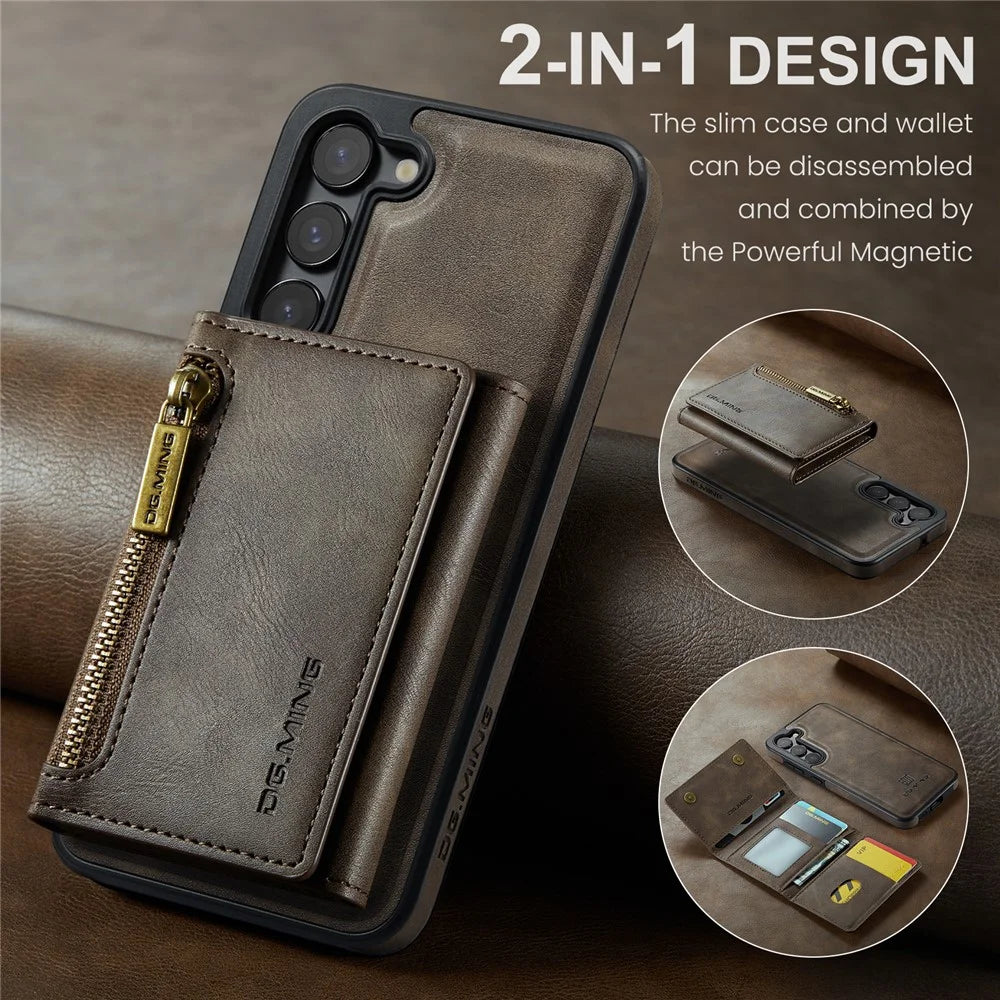 DG.MING M5 Series For Samsung Galaxy S22+ 5G Case Zipper Pocket Wallet Phone Cover - Coffee - 4