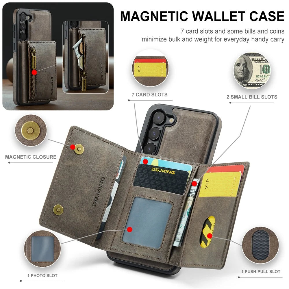 DG.MING M5 Series For Samsung Galaxy S22+ 5G Case Zipper Pocket Wallet Phone Cover - Coffee - 7