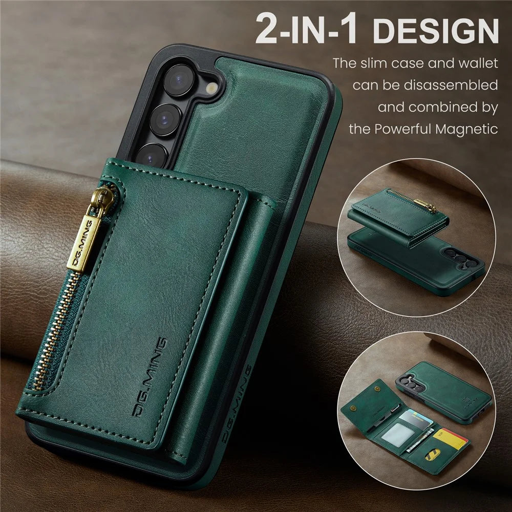 DG.MING M5 Series For Samsung Galaxy S22 5G Case Detachable Wallet Kickstand Phone Cover - Green - 4