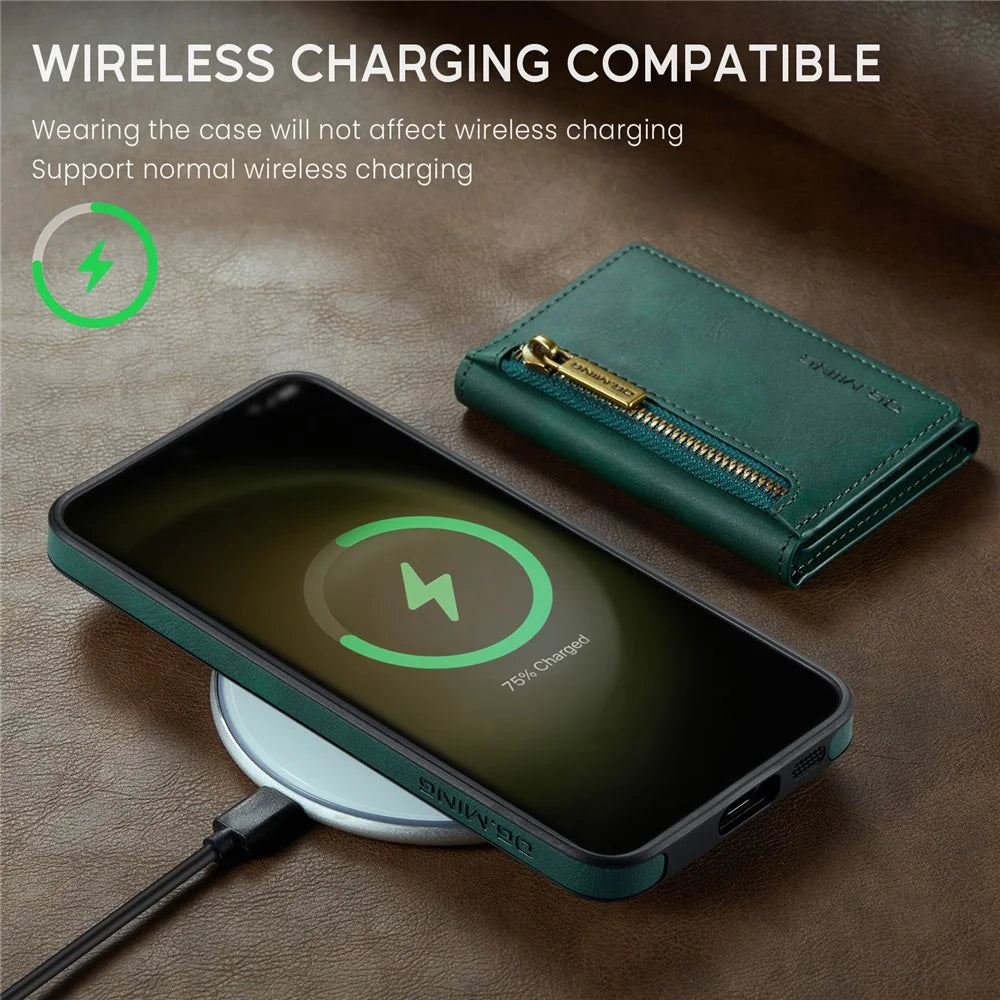 DG.MING M5 Series For Samsung Galaxy S22 5G Case Detachable Wallet Kickstand Phone Cover - Green - 5