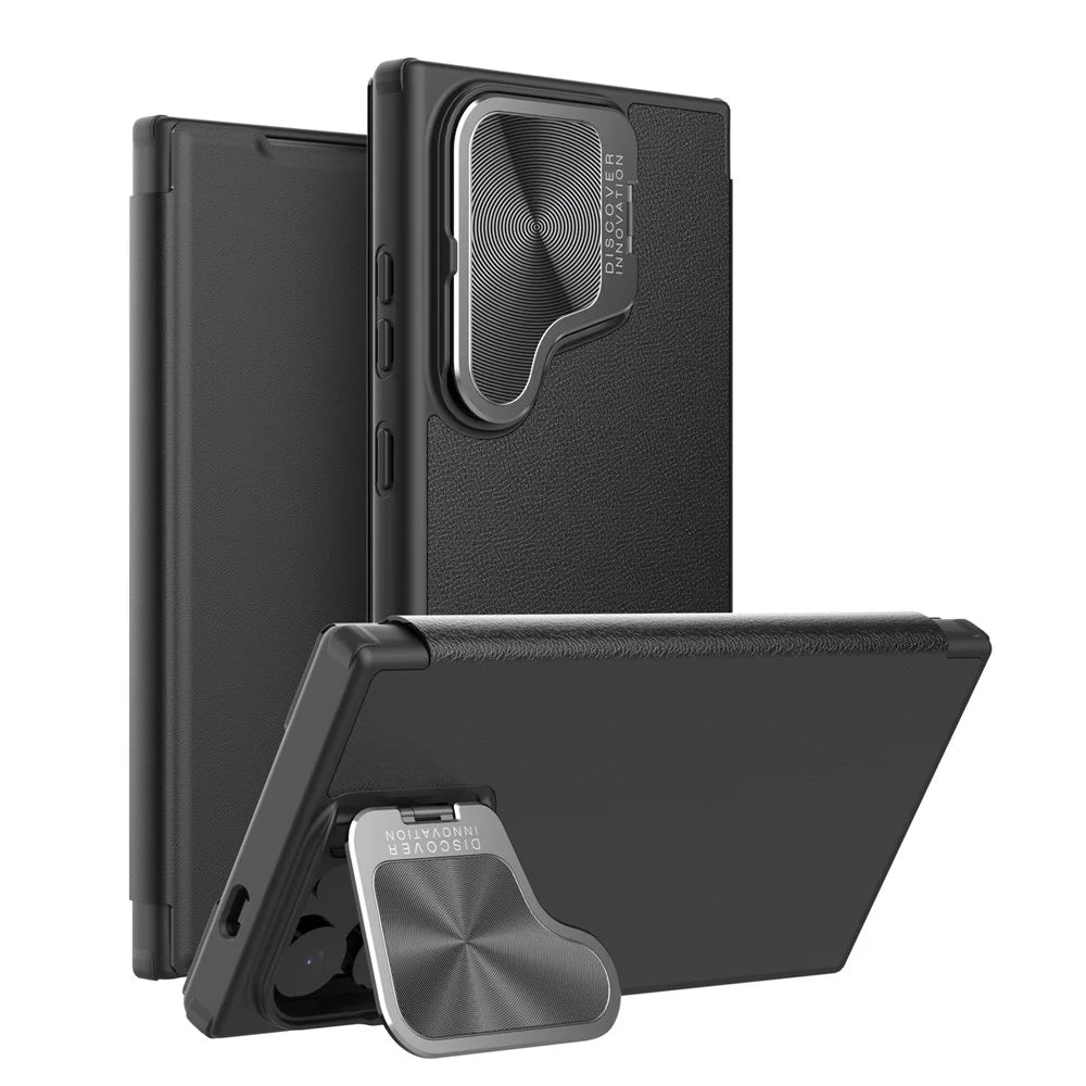 NILLKIN Qin Prop Series for Samsung Galaxy S24 Leather Case Lens Protection Kickstand Phone Cover - Litchi Texture / Black - 1