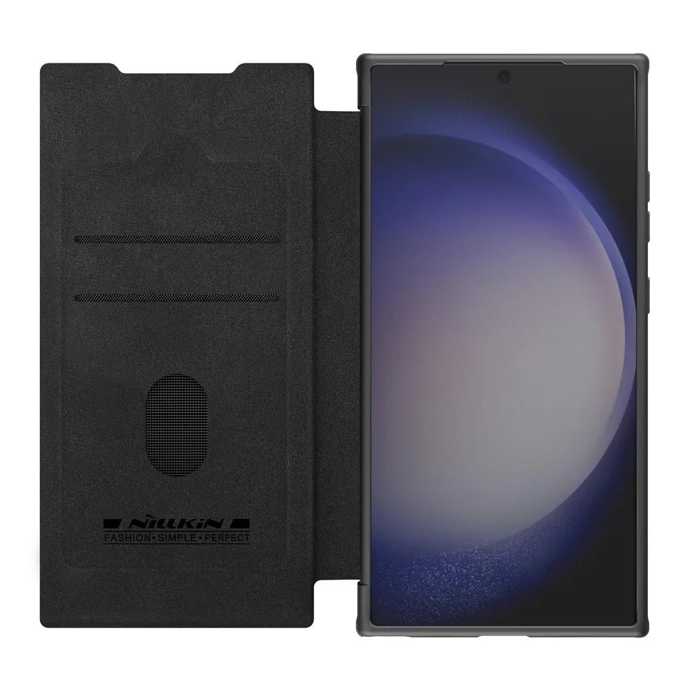 NILLKIN Qin Prop Series for Samsung Galaxy S24 Leather Case Lens Protection Kickstand Phone Cover - Litchi Texture / Black - 2