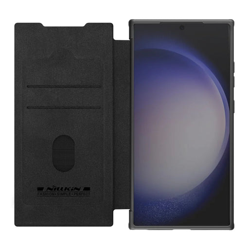 NILLKIN Qin Prop Series for Samsung Galaxy S24 Leather Case Lens Protection Kickstand Phone Cover - Litchi Texture / Black - 2