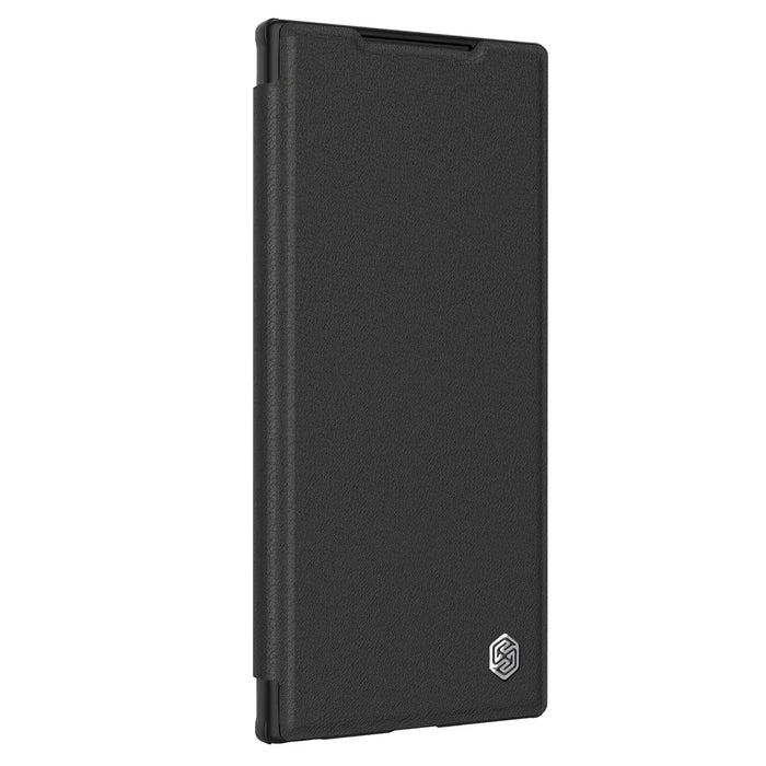 NILLKIN Qin Prop Series for Samsung Galaxy S24 Leather Case Lens Protection Kickstand Phone Cover - Litchi Texture / Black - 3