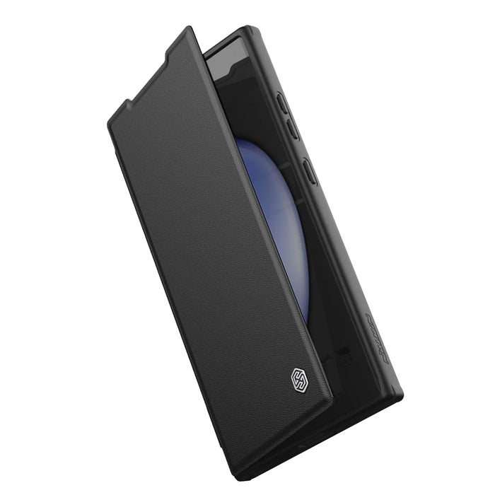 NILLKIN Qin Prop Series for Samsung Galaxy S24 Leather Case Lens Protection Kickstand Phone Cover - Litchi Texture / Black - 5