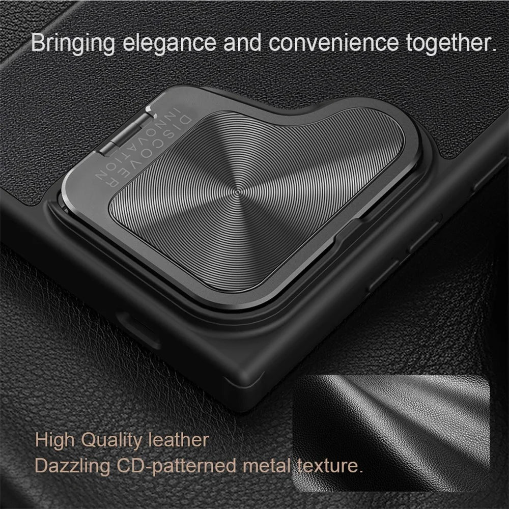 NILLKIN Qin Prop Series for Samsung Galaxy S24 Leather Case Lens Protection Kickstand Phone Cover - Litchi Texture / Black - 6