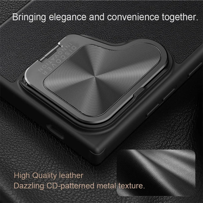 NILLKIN Qin Prop Series for Samsung Galaxy S24 Leather Case Lens Protection Kickstand Phone Cover - Litchi Texture / Black - 6