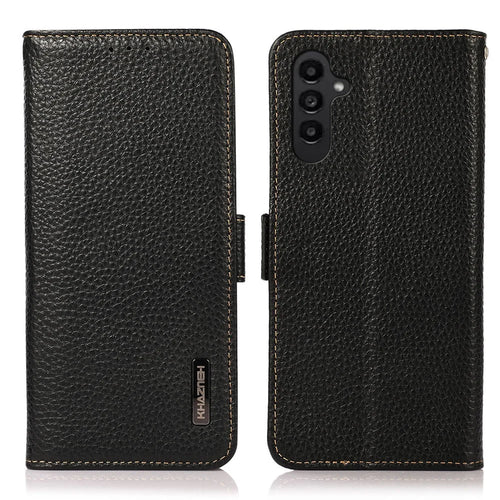 KHAZNEH For Samsung Galaxy A25 5G (Global) (161.0 x 76.5 x 8.3mm) Genuine Cow Leather Case Stand RFID Blocking Flip Phone Cover - Black - 1
