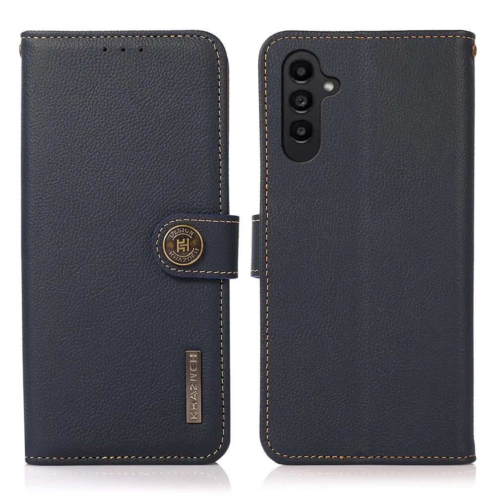 KHAZNEH For Samsung Galaxy A25 5G (Global) (161.0 x 76.5 x 8.3mm) Case Genuine Cow Leather+TPU RFID Blocking Wallet Cover - Blue - 1