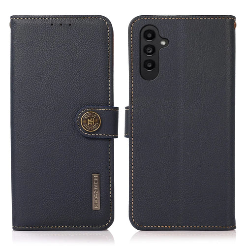KHAZNEH For Samsung Galaxy A25 5G (Global) (161.0 x 76.5 x 8.3mm) Case Genuine Cow Leather+TPU RFID Blocking Wallet Cover - Blue - 1
