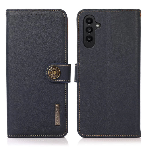 KHAZNEH For Samsung Galaxy A25 5G (Global) (161.0 x 76.5 x 8.3mm) Case Genuine Cow Leather+TPU RFID Blocking Wallet Cover - Blue - 1