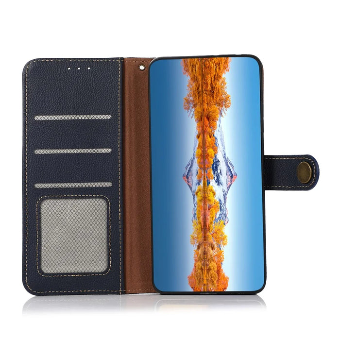 KHAZNEH For Samsung Galaxy A25 5G (Global) (161.0 x 76.5 x 8.3mm) Case Genuine Cow Leather+TPU RFID Blocking Wallet Cover - Blue - 3