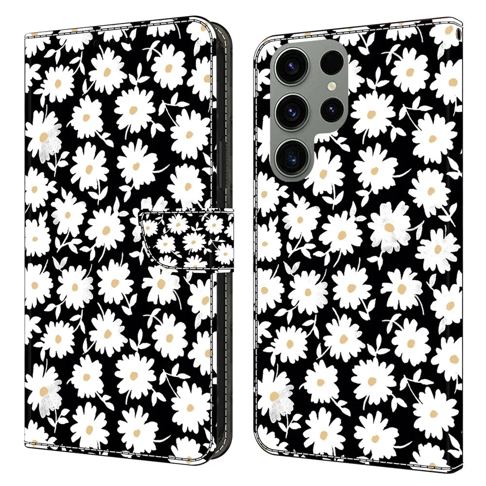 For Samsung Galaxy S24 Ultra Case Anti-fall PU Leather+TPU 3D Pattern Phone Guard Cover - Floral - 1