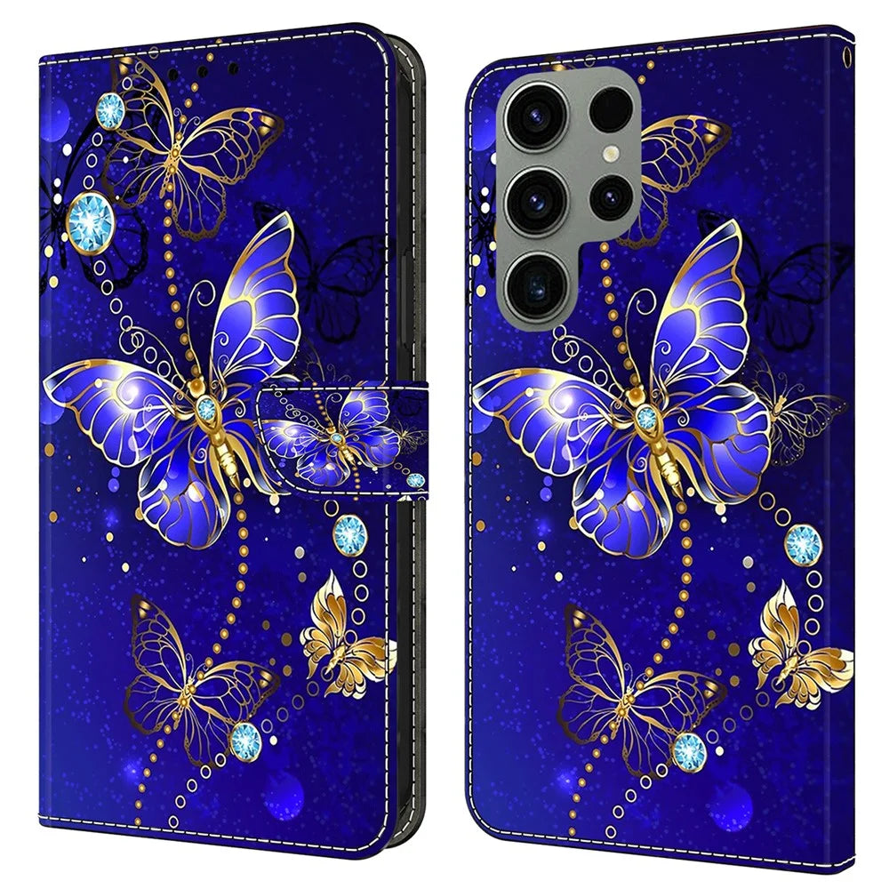 For Samsung Galaxy S24 Ultra Wallet Case PU Leather 3D Pattern Printing Stand Cover - Diamond Butterfly - 1
