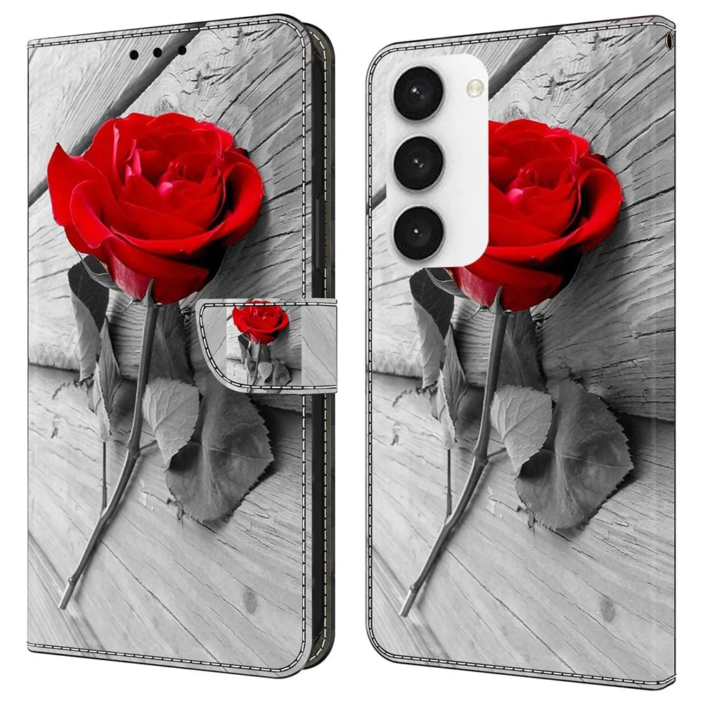 For Samsung Galaxy S24 Cell Phone Case Leather 3D Pattern Card Slot Protective Cover - Rose - 1