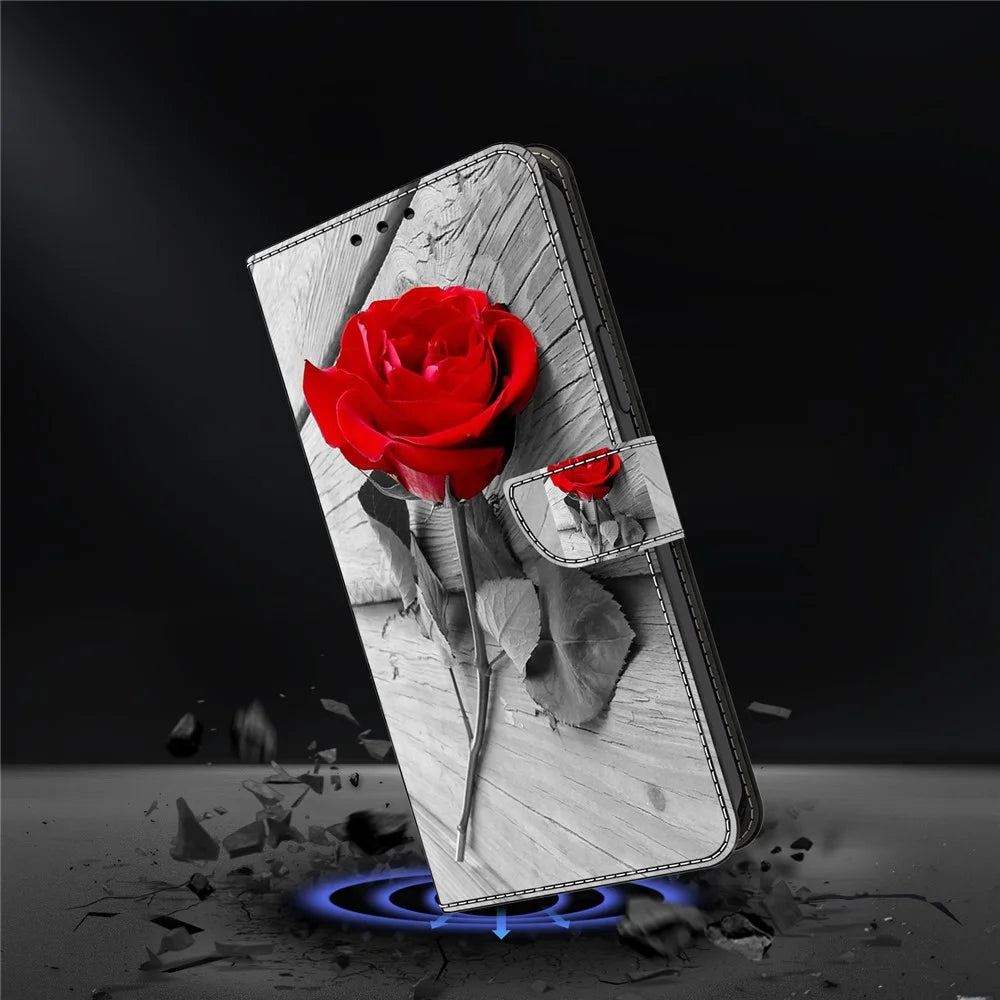 For Samsung Galaxy S24 Cell Phone Case Leather 3D Pattern Card Slot Protective Cover - Rose - 4