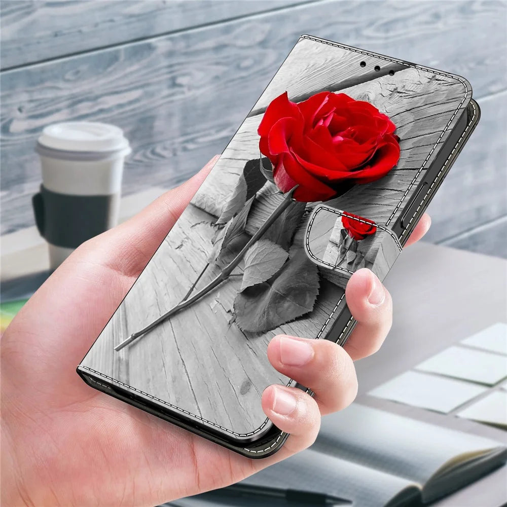 For Samsung Galaxy S24 Cell Phone Case Leather 3D Pattern Card Slot Protective Cover - Rose - 5