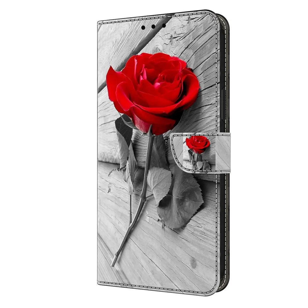 For Samsung Galaxy S24 Cell Phone Case Leather 3D Pattern Card Slot Protective Cover - Rose - 6
