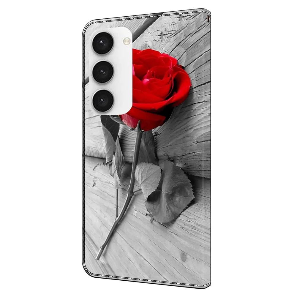 For Samsung Galaxy S24 Cell Phone Case Leather 3D Pattern Card Slot Protective Cover - Rose - 7