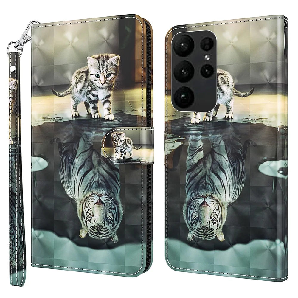 For Samsung Galaxy S24 Ultra Case 3D Pattern Leather Stand Phone Cover - Cat and Tiger - 1