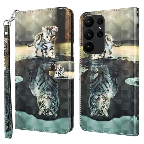 For Samsung Galaxy S24 Ultra Case 3D Pattern Leather Stand Phone Cover - Cat and Tiger - 1