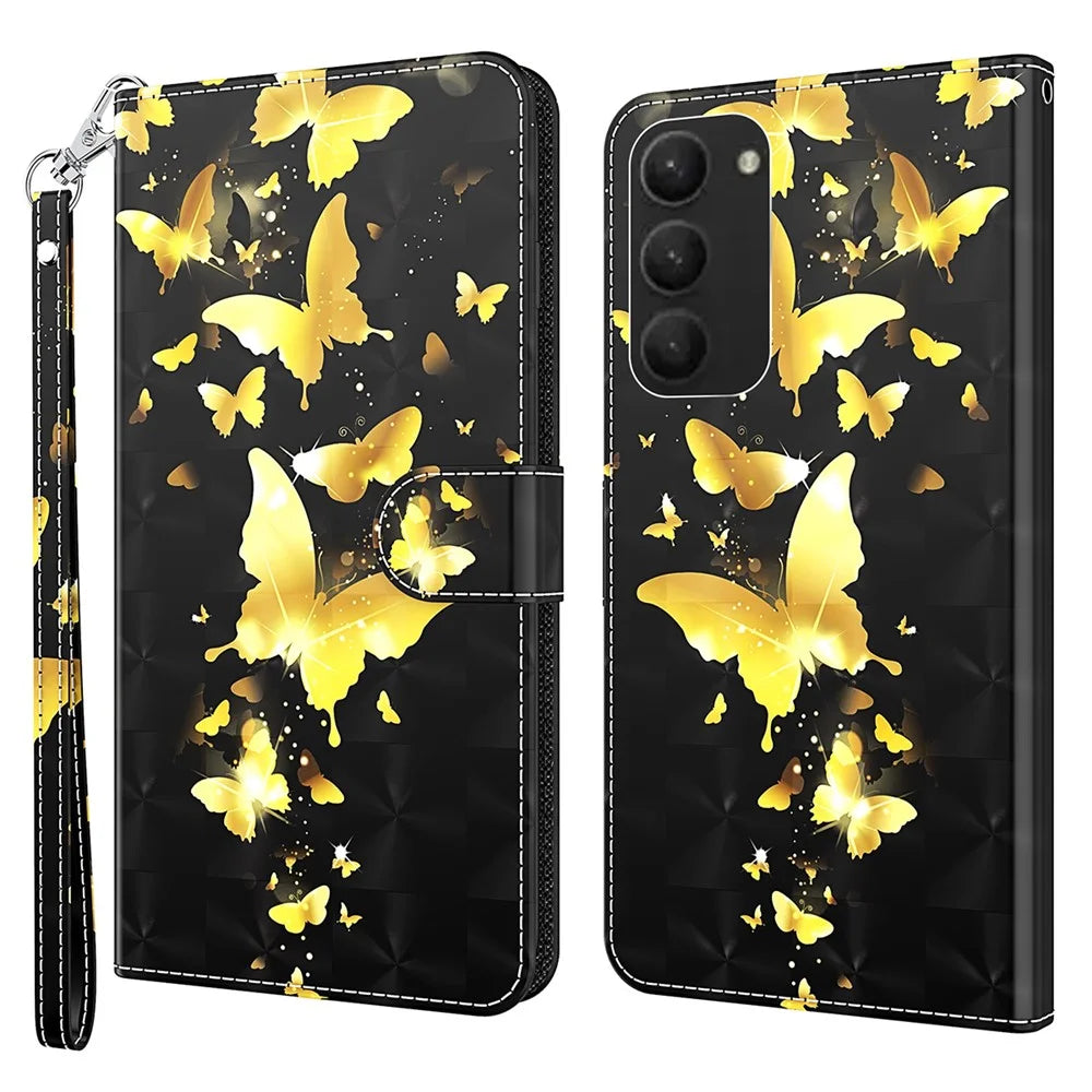 For Samsung Galaxy S24+ Leather 3D Pattern Case Flip Wrist Strap Cell Phone Cover - Golden Butterfly - 1